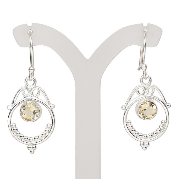 Earring, Create Compliments®, citrine (heated) and sterling silver, 34-36mm with fishhook ear wire, 21 gauge. Sold per pair. image number 0