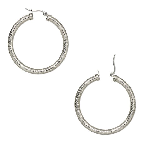 Earring, stainless steel, 38mm textured round hoop with latch-back closure. Sold per pair. image number 0