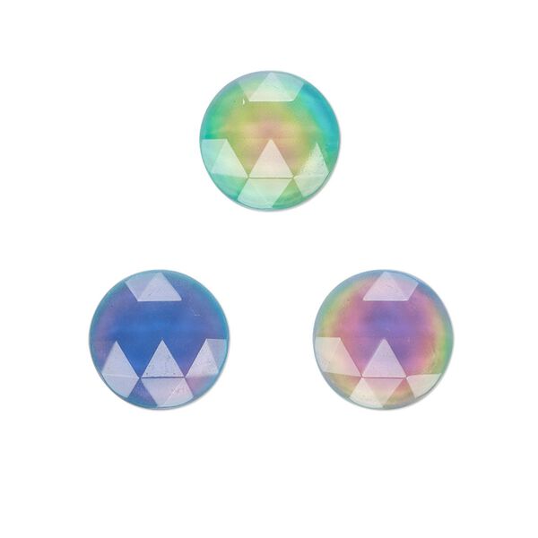 Cabochon, acrylic, multicolored, 12mm color-changing non-calibrated faceted round. Sold per pkg of 4. image number 0