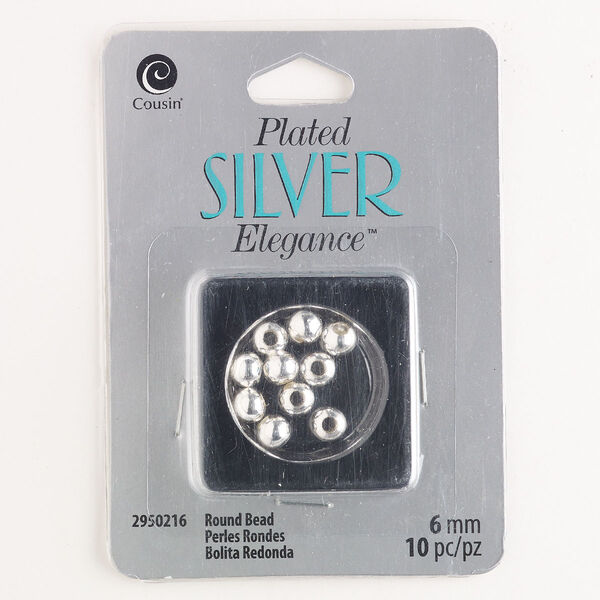 Bead, "pewter" (zinc-based alloy), pkg/10, 6mm round, silver finish. image number 0