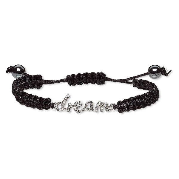 Bracelet, Hemalyke™ (man-made) / waxed cotton cord / glass rhinestone / silver-plated "pewter" (zinc-based alloy), black and clear, 31x10mm "dream," adjustable from 6-1/2 to 9 inches with macramé knot closure. Sold individually. image number 0