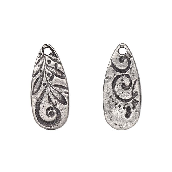 Drop, TierraCast®, "Vida Mas Dulce" collection, antiqued pewter (tin-based alloy), 23x10mm two-sided teardrop with jardin design. Sold per pkg of 20. image number 0