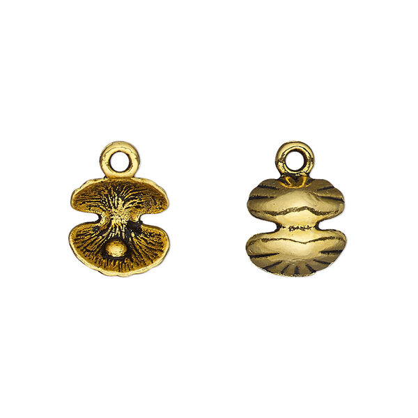 Charm, antique gold-finished "pewter" (zinc-based alloy), 10.5mm 3D clam shell. Sold per pkg of 2. image number 0