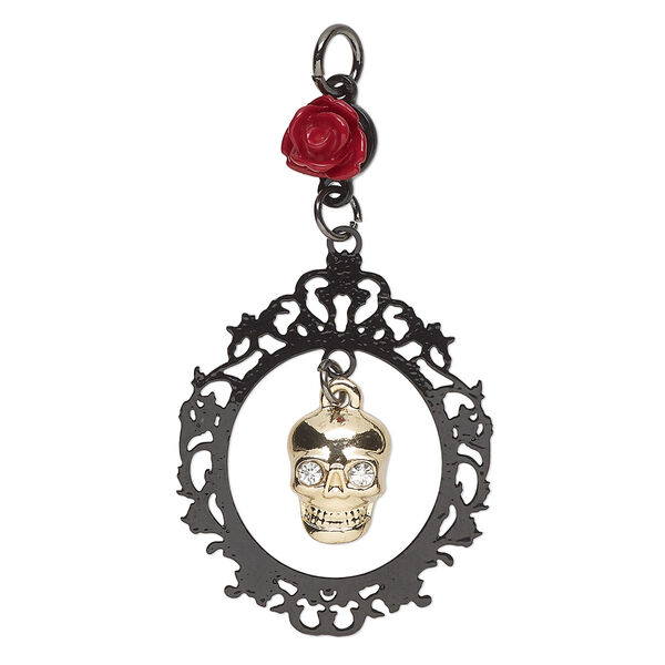 Focal, black-finished and gold-finished "pewter" (zinc-based alloy) / steel / resin, black / gold / red, 40x23.5mm framed skull with rose link. Sold individually. image number 0