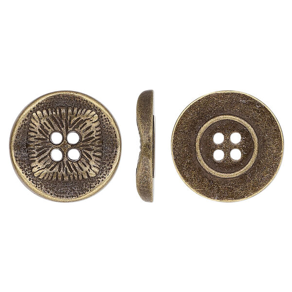 Button, antiqued brass-finished "pewter" (zinc-based alloy), 17mm single-sided wavy flat round with textured square design. Sold per pkg of 20. image number 0