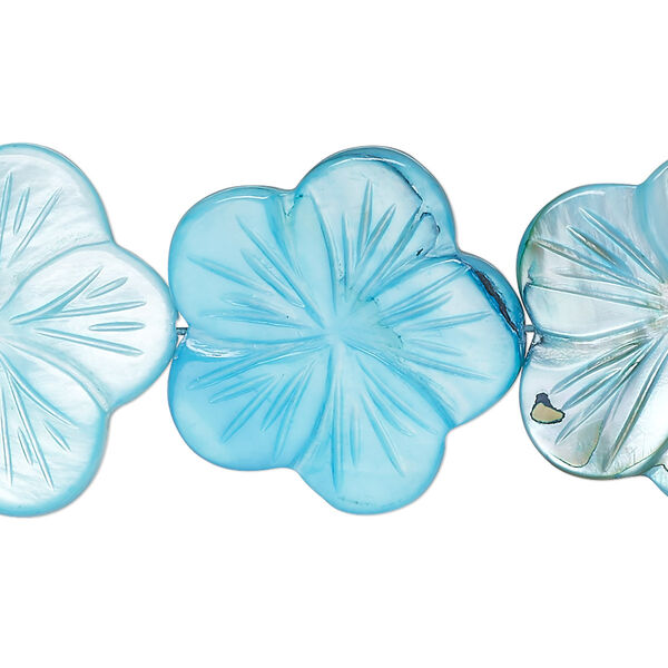 Bead, mother-of-pearl shell (dyed), dark aqua blue, 24x23mm-26x25mm carved flat flower with 0.6-0.8mm hole, Mohs hardness 3-1/2. Sold per 15-inch strand. image number 0