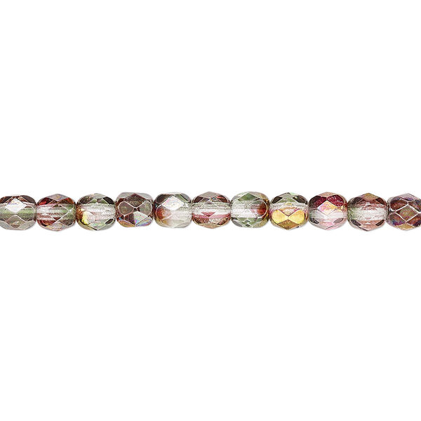 Bead, Czech fire-polished glass, pink and green luster, 4mm faceted round. Sold per 15-1/2" to 16" strand. image number 0