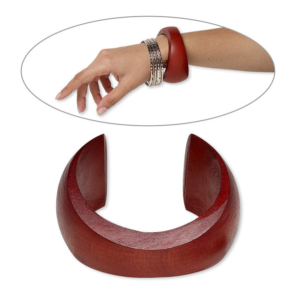 Bracelet, cuff, wood (dyed / waxed), rust brown, 20-41mm wide hand-carved tapered concave band, 7-1/2 inches. Sold individually. image number 0