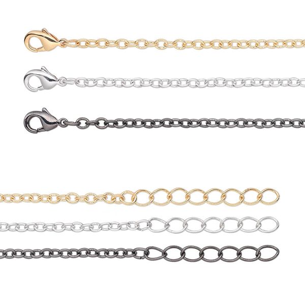 Chain, gold-finished / silver- / gunmetal-plated brass, 2.5mm cable, 7 inches with 1-1/4 inch extender chain and lobster claw clasp. Sold per pkg of 6. image number 0