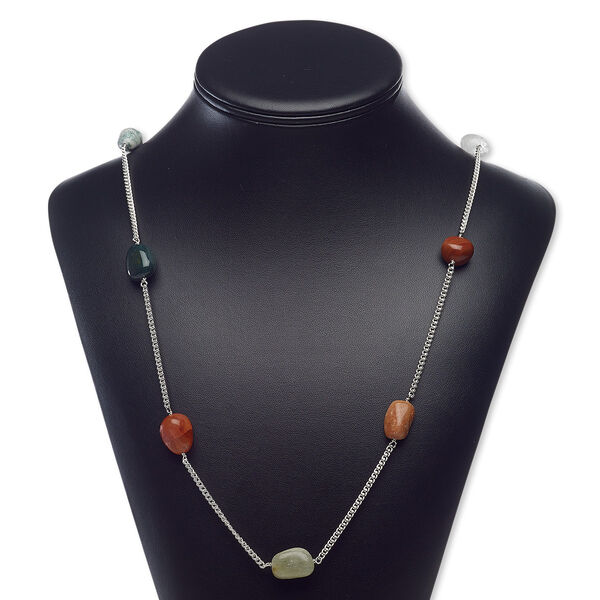 Necklace, multi-agate (natural / dyed) with silver-finished brass and steel, multicolored, small to medium hand-cut nugget, 26 inches with S-hook clasp. Sold individually. image number 0