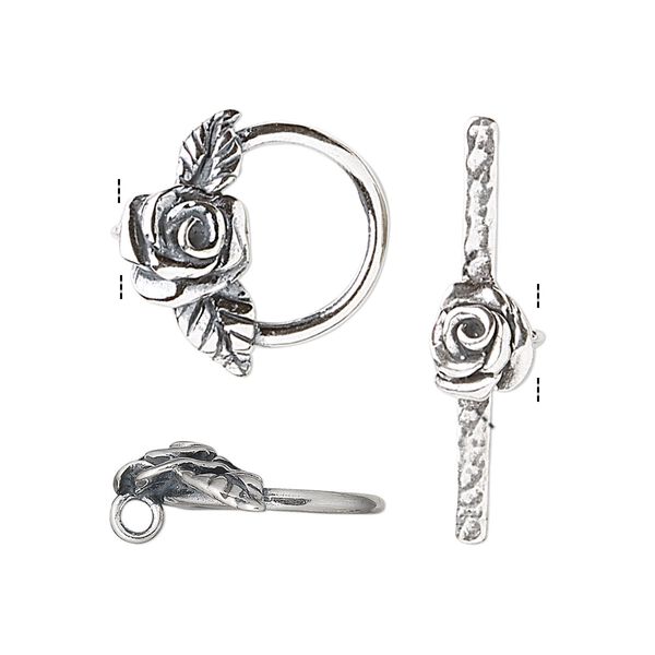 Clasp, JBB Findings, toggle, antiqued sterling silver, 18x16.5mm ring with rose accent. Sold individually. image number 0