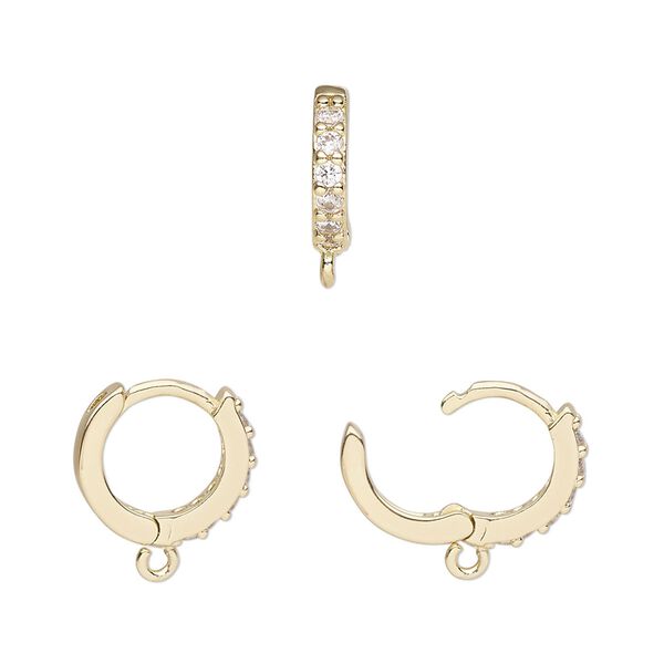 Hoop, gold-finished brass and cubic zirconia, clear, 13mm hoop, 17 gauge. Sold per pair. image number 0