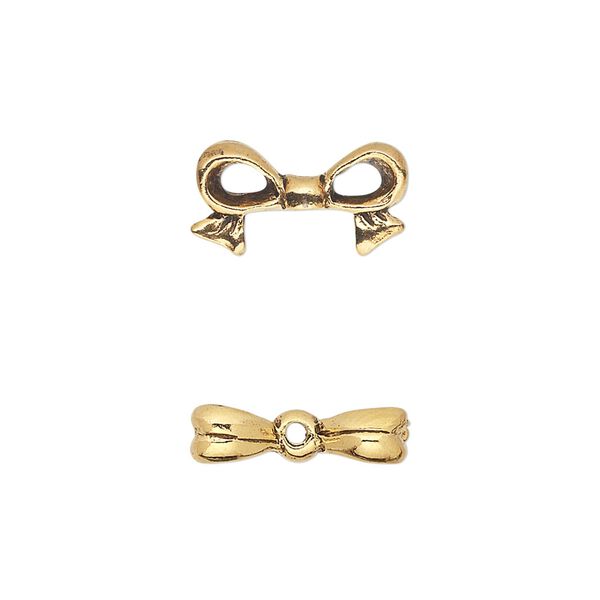 Bead, pewter (tin-based alloy), pkg/1, antique gold plate, 16x9mm double-sided bow, fits 8mm cube. image number 0