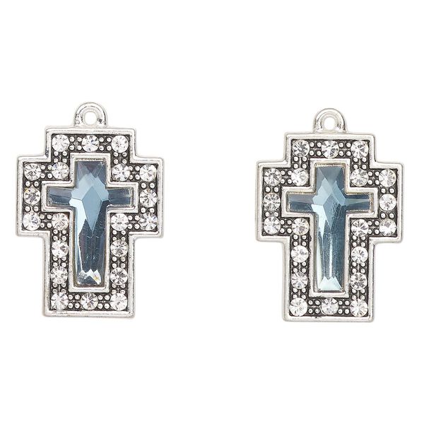 Drop, antique silver-finished "pewter" (zinc-based alloy) and glass, clear and teal, 23x17mm cross. Sold per pkg of 2. image number 0