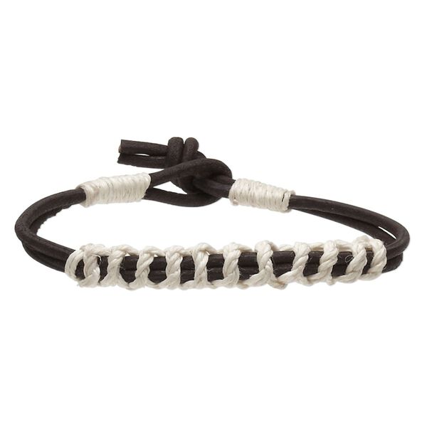 Bracelet, leather (dyed) / waxed cotton cord / flax, dark brown and white, 8mm wide knotted design, 7 inches with knot closure. Sold per pkg of 2. image number 0