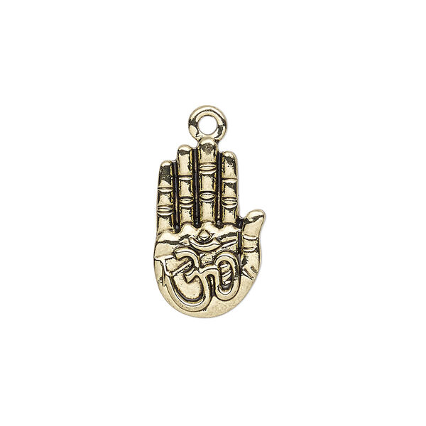 Charm, antique gold-finished "pewter" (zinc-based alloy), 20x12mm single-sided hand with Om symbol. Sold per pkg of 4. image number 0