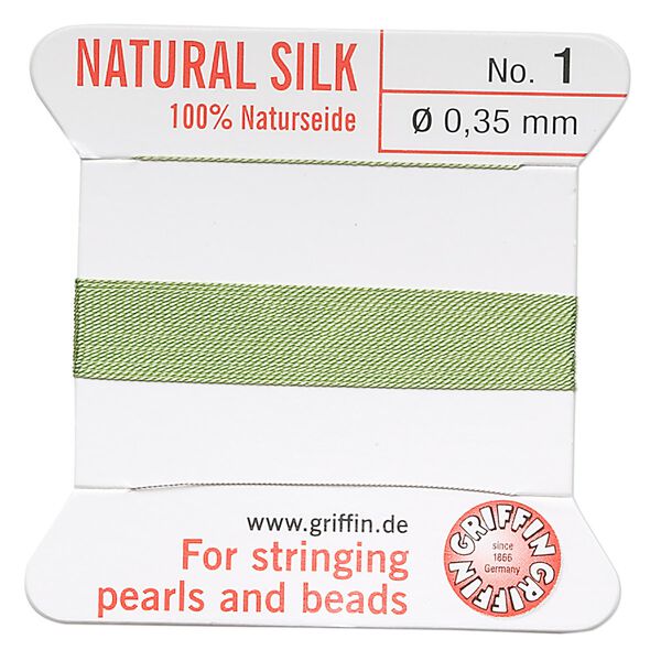Thread, Griffin, silk, jade green, size #1. Sold per 2-meter card (approximately 78 inches). image number 0