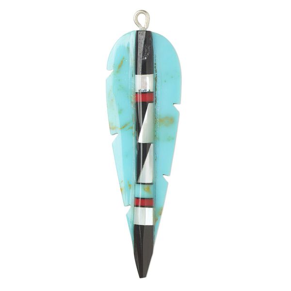 Focal, resin / mother-of-pearl shell / silver-finished copper, multicolored, 44x13mm single-sided feather. Sold individually. image number 0