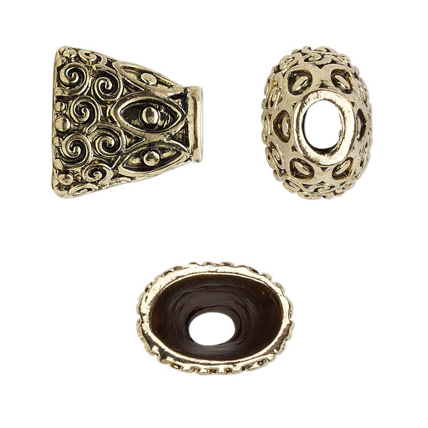 Cone, antique gold-finished "pewter" (zinc-based alloy), 16x15x11mm fancy flat oval with swirl design, 12x8mm inside diameter. Sold per pkg of 6. image number 0