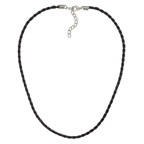 Necklace, woven vinyl with imitation rhodium-plated brass and steel, black, 3mm round, 18 inches with 2-inch extender chain and lobster claw clasp. Sold per pkg of 6. image number 0