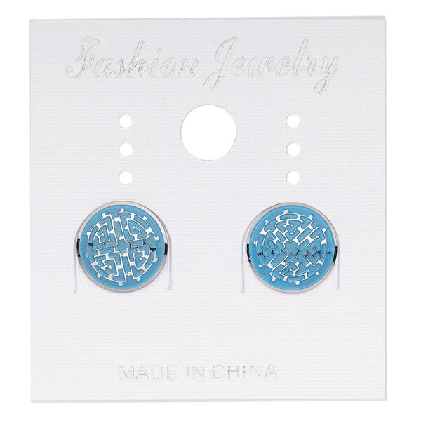 Earstud, stainless steel, blue patina, 10mm round with maze design. Sold per pair. image number 0