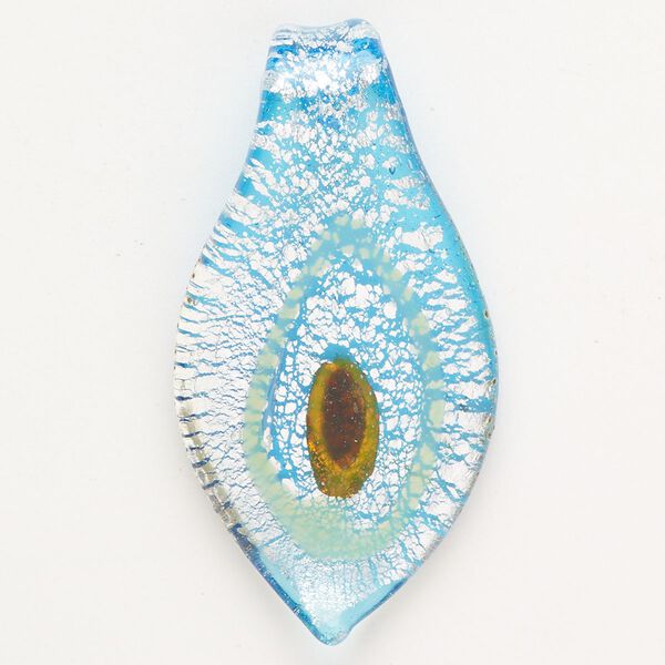 Focal, lampworked glass, opaque blue / brown / green with silver-colored foil, 53x25mm-56x30mm spoon. Sold individually. image number 0