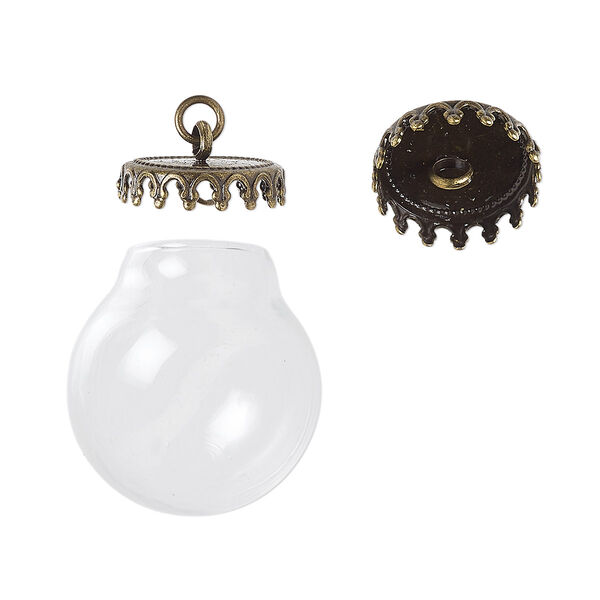 Drop, Keepsafe Keeper™, glass and antique brass-plated "pewter" (zinc-based alloy), clear, 23x20mm with 21x20mm dome and 13.5x3.5mm cap with fancy edge and closed loop. Sold per 2-piece set. image number 0