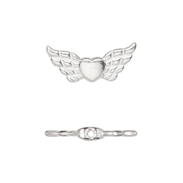 Bead, silver-finished "pewter" (zinc-based alloy), 22x9mm angel wing with heart. Sold per pkg of 20. image number 0
