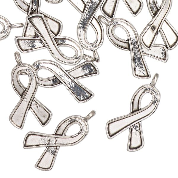 Charm, antique silver-finished "pewter" (zinc-based alloy), 17x11mm awareness ribbon. Sold per pkg of 12. image number 0