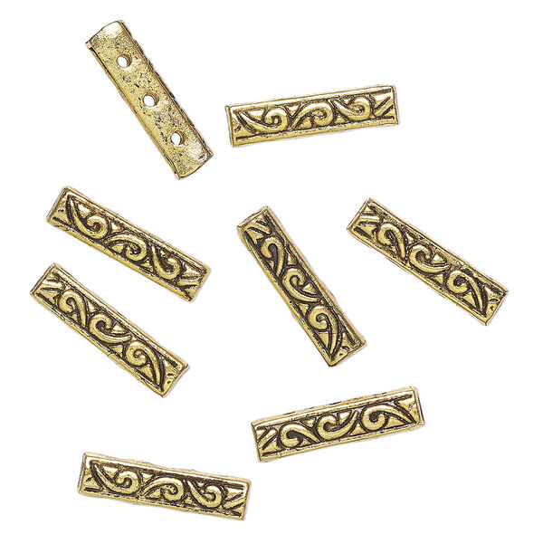Bead, spacer, brass, pkg/8, 17x4mm 3-strand rectangle, antique gold finish, fits up to 5mm round beads. image number 0