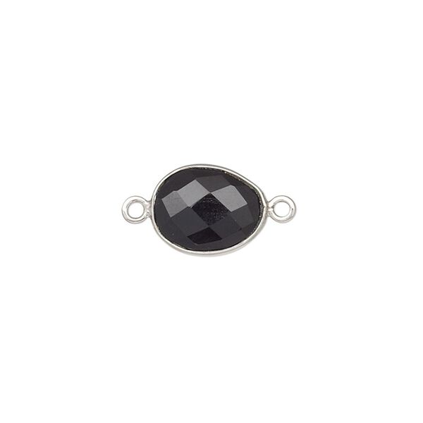 Link, black onyx (dyed) and sterling silver, 9x7mm-12x10mm oval with 8x6mm-11x9mm hand-cut double-sided faceted flat freeform oval. Sold individually. image number 0