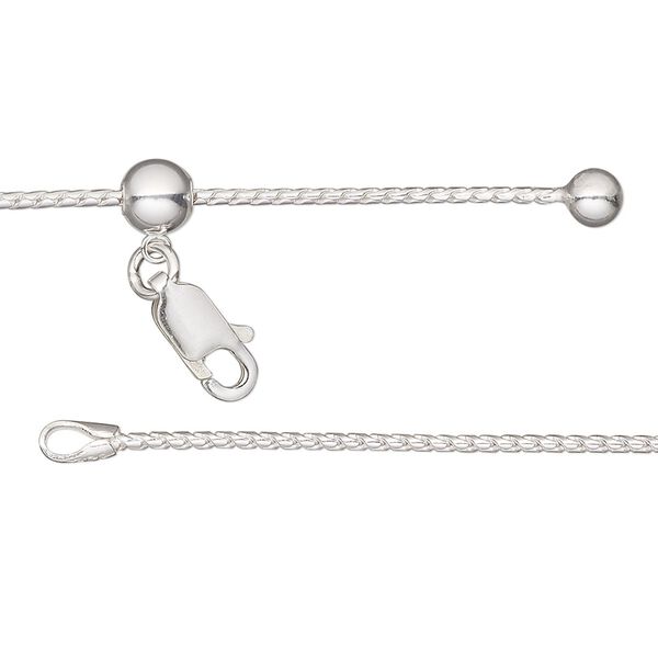 Chain, Gossamer™, sterling silver and silicone, 1mm foxtail with 4mm ball and 5mm adjustable slider bead, adjustable from 16 to 24 inches with lobster claw clasp. Sold individually. image number 0