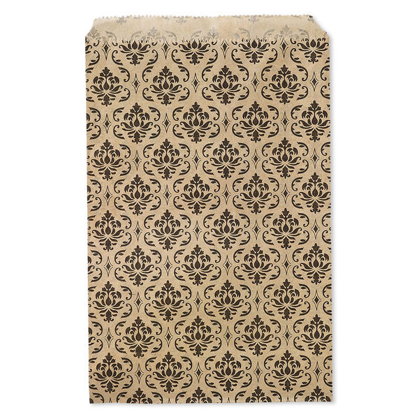Bag, paper, brown and black, 9x6 inches with damask print and scalloped top edge. Sold per pkg of 100. image number 0