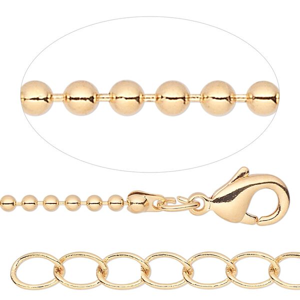 Chain, gold-finished brass, 1.5mm ball, 24 inches with 1-inch extender chain and lobster claw clasp. Sold per pkg of 2. image number 0