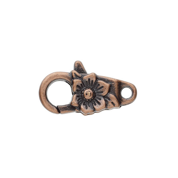 Clasp, lobster claw, antique copper-plated "pewter" (zinc-based alloy), 24x10.5mm with double-sided flower design. Sold per pkg of 6. image number 0