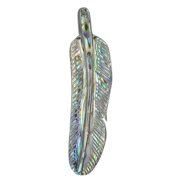 Focal, paua shell (natural), 2-1/3 x 2/3 inch hand-cut top-drilled single-sided carved feather, Mohs hardness 3-1/2. Sold individually. image number 0