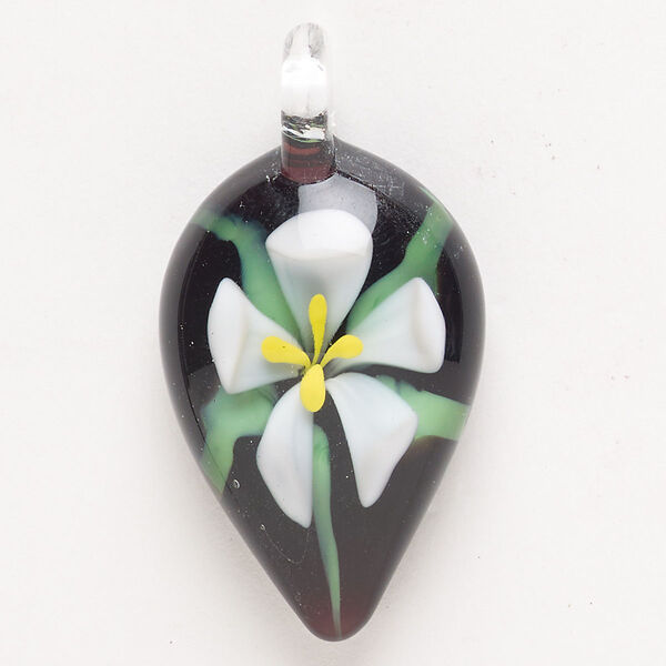 Focal, lampworked glass, pkg/1, opaque multicolored, 31x21mm-35x25mm teardrop with flower. image number 0