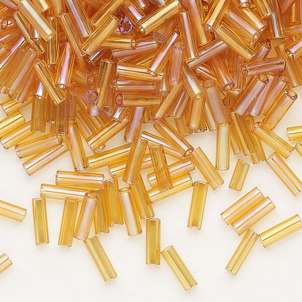 Bead, Preciosa Ornela Czech glass, bugle bead, pkg/50g, 1/4 inch, rainbow translucent topaz, (11050). image number 0
