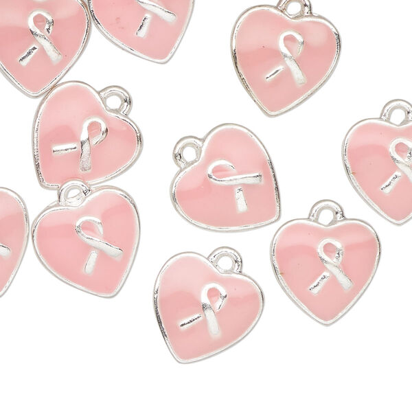 Charm, silver-finished enamel "pewter" (zinc-based alloy), pink, 12mm heart with ribbon. Sold per pkg of 12. image number 0
