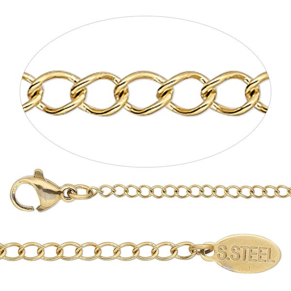 Chain, gold-finished stainless steel, 1.9mm curb, 24 inches with 2-inch extender chain and lobster claw clasp. Sold individually. image number 0