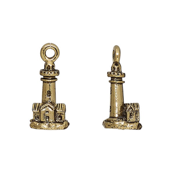 Charm, antique gold-plated pewter (tin-based alloy), 16.5x10mm 3D lighthouse. Sold per pkg of 2. image number 0