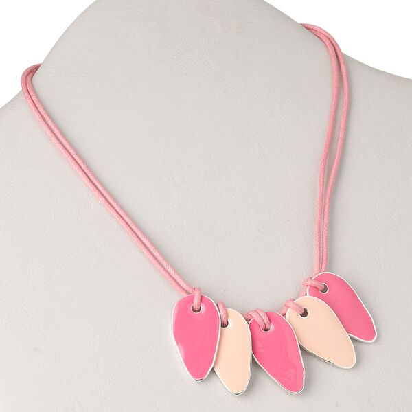 Necklace, 2-strand, silver-plated brass / waxed cotton cord / enamel, pink and cream, 32x18mm single-sided teardrop, 16 inches with 2-inch extender chain and lobster claw clasp. Sold individually. image number 0