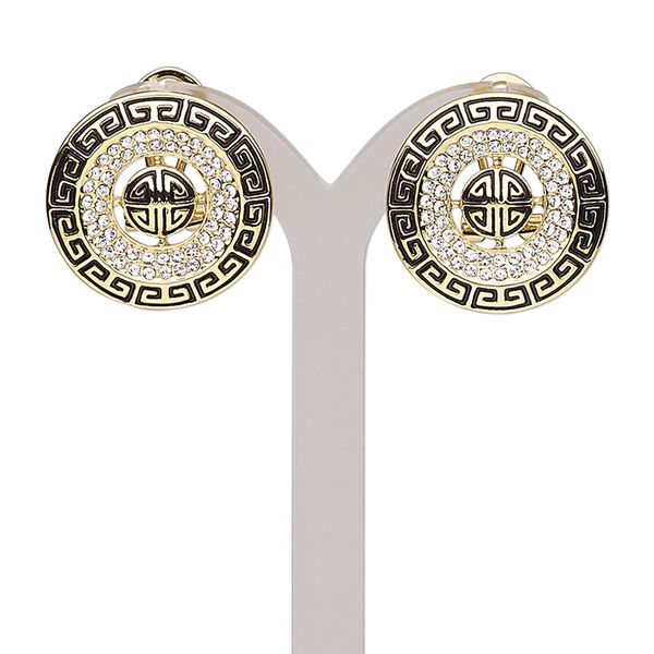 Earring, Austrian crystal / enamel / stainless steel / gold-finished brass / "pewter" (zinc-based alloy), black and clear, 24mm round with Greek key design and post with latch-back closure. Sold per pair. image number 0