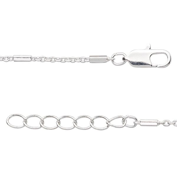 Chain, silver-finished brass, 2x1.5mm cable and 4x2mm rectangle tube link, 18 inches with 1-1/4 inch extender chain and lobster claw clasp. Sold individually. image number 0