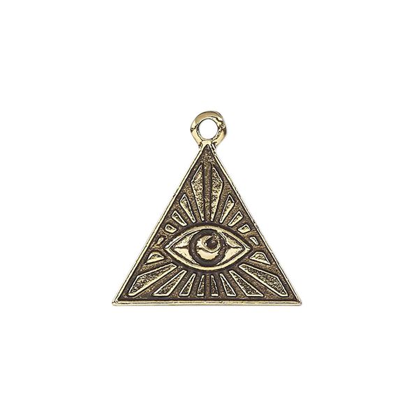 Charm, antique gold-plated pewter (tin-based alloy), 20x18mm single-sided pyramid with Eye of Providence. Sold per pkg of 2. image number 0