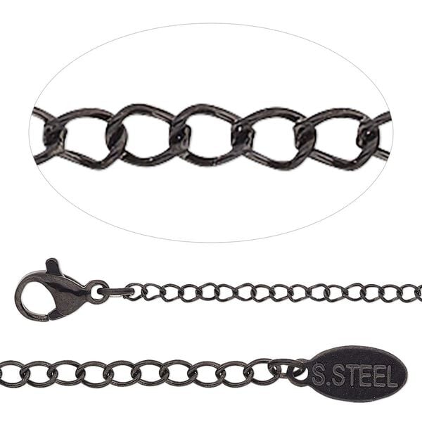 Chain, black-finished stainless steel, 1.9mm curb, 30 inches with 2-inch extender chain and lobster claw clasp. Sold individually. image number 0