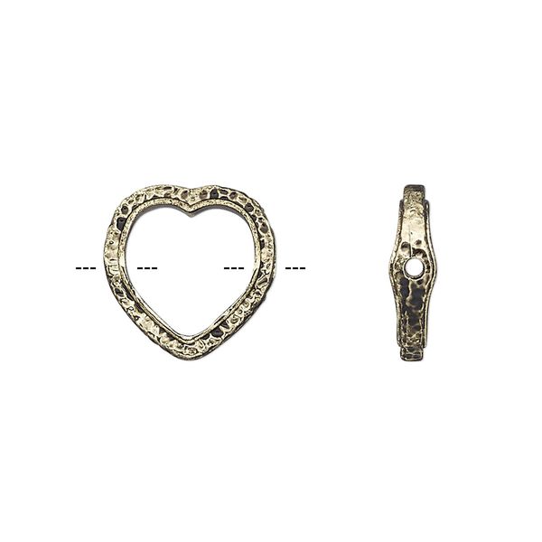 Bead frame, antique gold-finished "pewter" (zinc-based alloy), 14mm open heart with hammered edge, fits up to 10mm bead. Sold per pkg of 2. image number 0