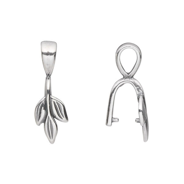Bail, JBB Findings, ice-pick, antique silver-plated pewter (tin-based alloy), 23x8mm single-sided leaves with 8.5mm grip length. Sold per pkg of 2. image number 0