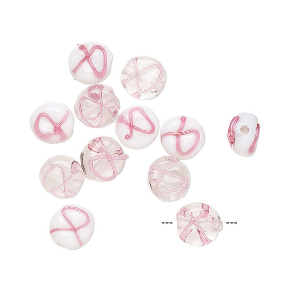Bead, lampworked glass, transparent clear / opaque white / pink, 7mm double-sided flat round with awareness ribbon. Sold per pkg of 12. image number 0