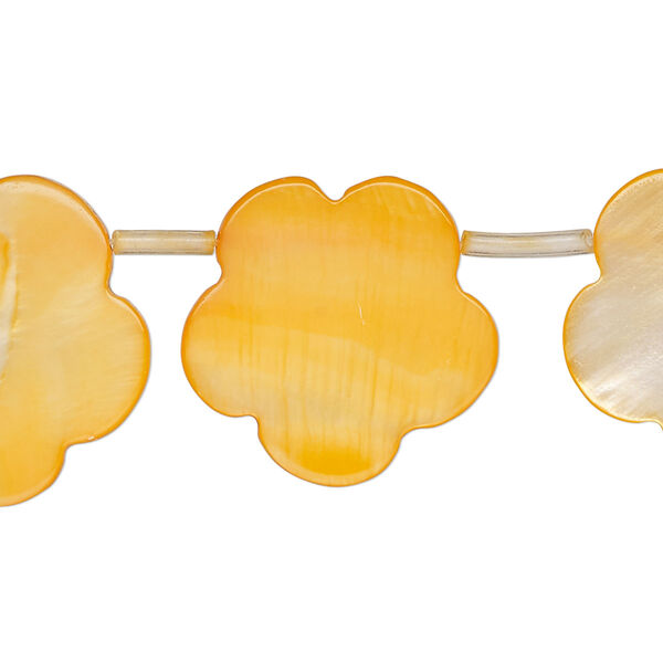 Bead 1pkg1 mother-of-pearl shell, 21x16mm-23x19mm top-drilled flat flower, 17 inch dyed orange image number 0